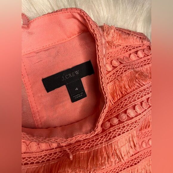 J. Crew Sheath Dress Coral Pink Fringe Corchet Lined Mock Neck Sleeveless sz 4 - Picture 5 of 11